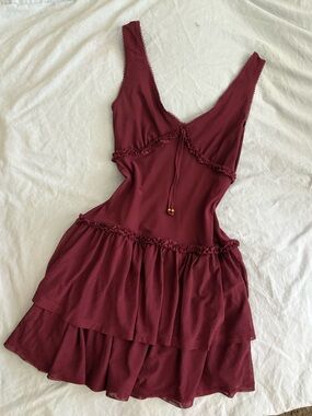Sincerely Jules Burgundy Tiered V-Neck Mini Dress